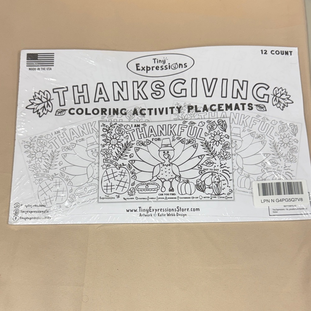 Tiny Expressions Thanksgiving Coloring Activity Placemats - Black & White 12 ct